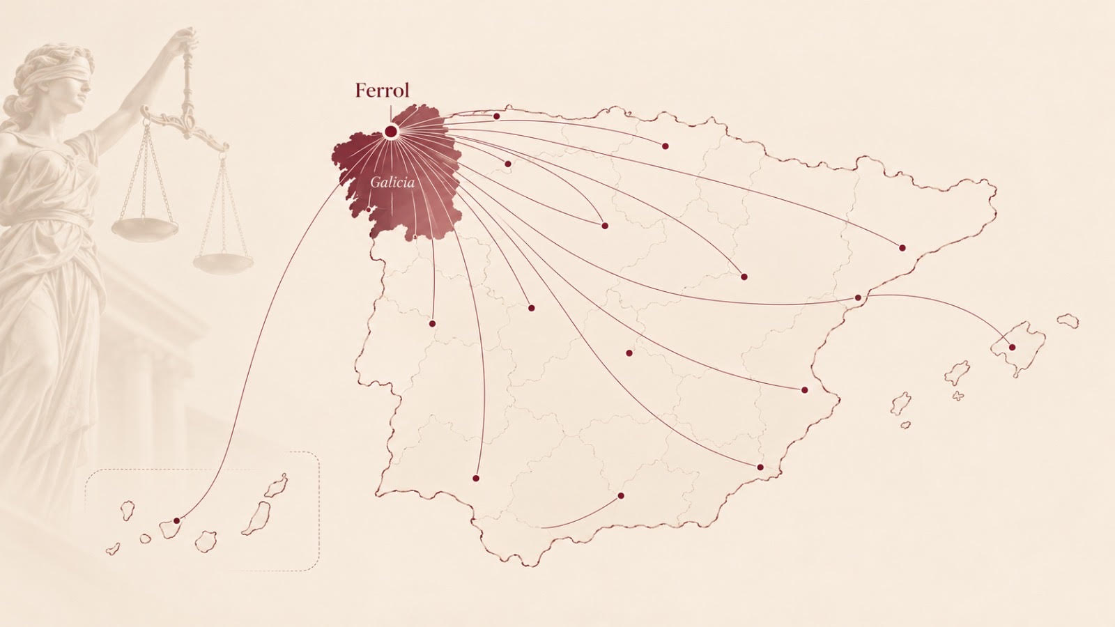 Mapa de cobertura nacional desde Ferrol, Galicia, con la figura de la Justicia
